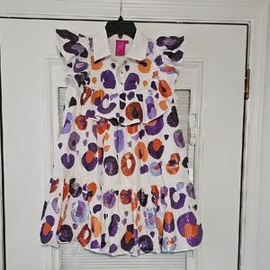 QUEEN OF SPARKLES White Ruffle Dress with Purple & Orange Sequin Leopard Spots